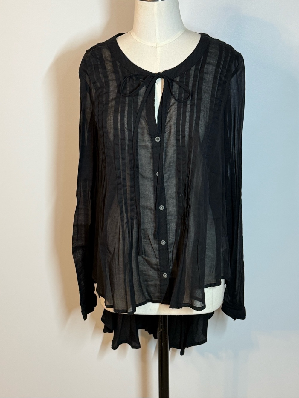 Free People Black Sheer Pintuck Tie-Neck Button Down Blouse